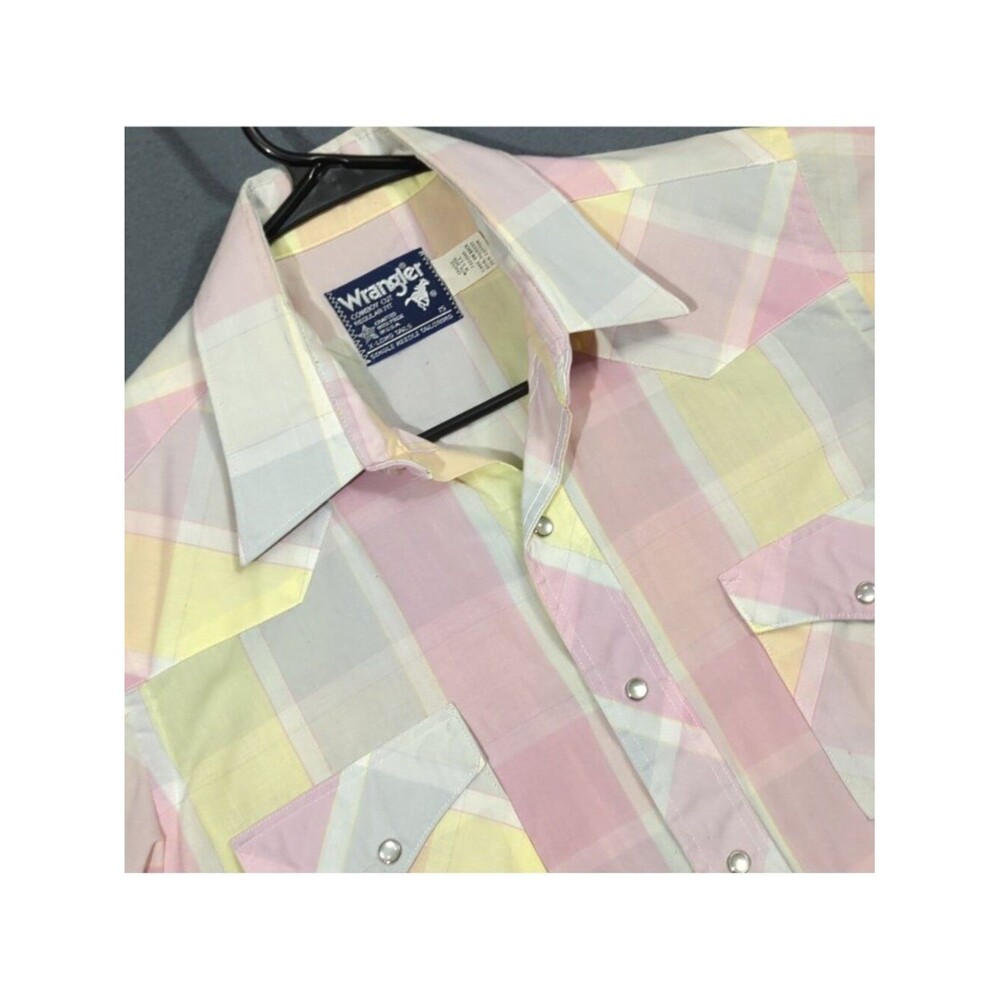 Wrangler VTG Shirt Mens 15 Multicolor Pastel X Long Tails Pearl Snap USA Made
